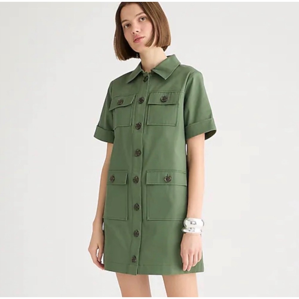 J.Crew Womens Olive Green Utility Shirt Dress Short Sleeve Mini Size 4 BY836